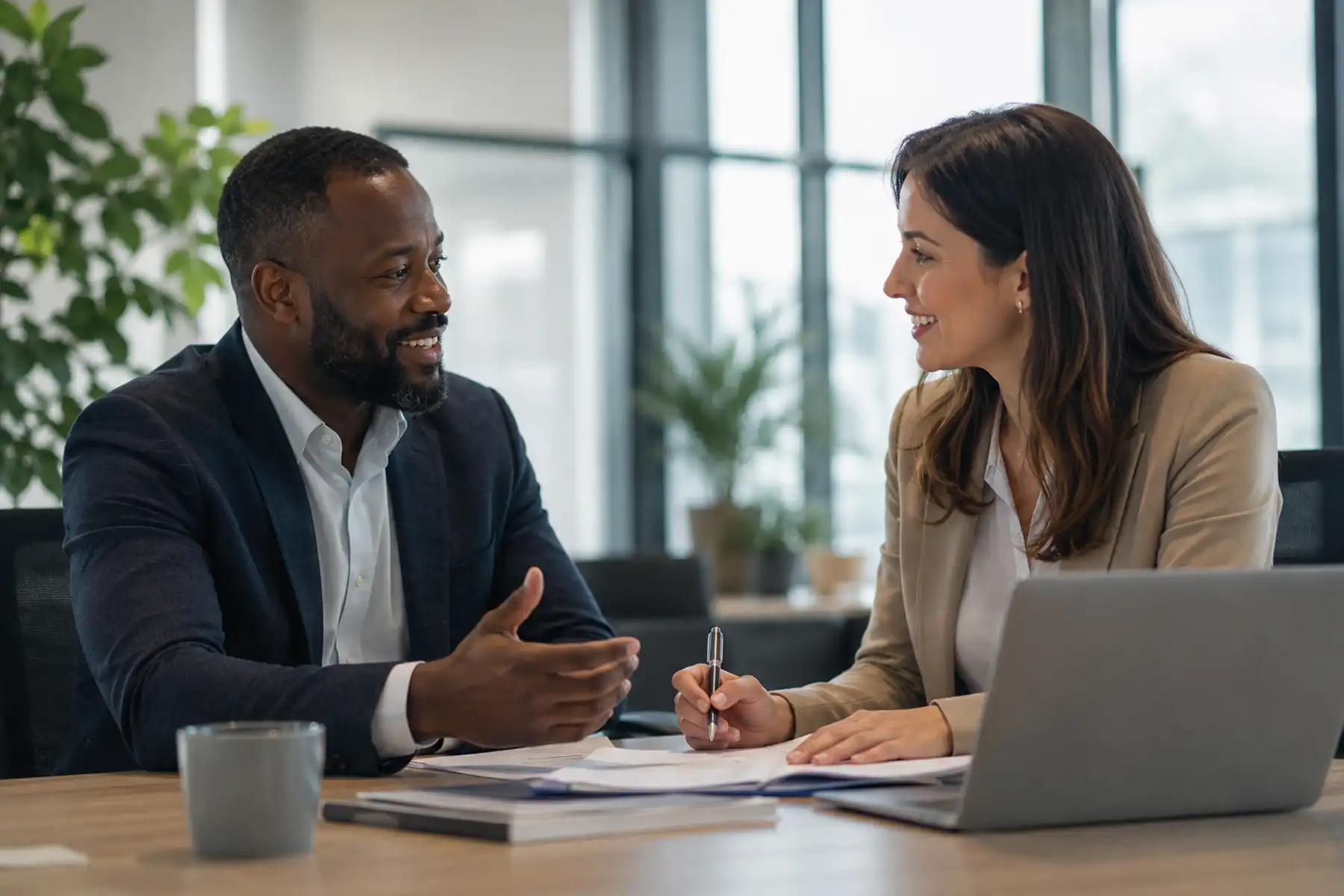 Business owner meeting with a mortgage adviser to discuss mortgage options.
