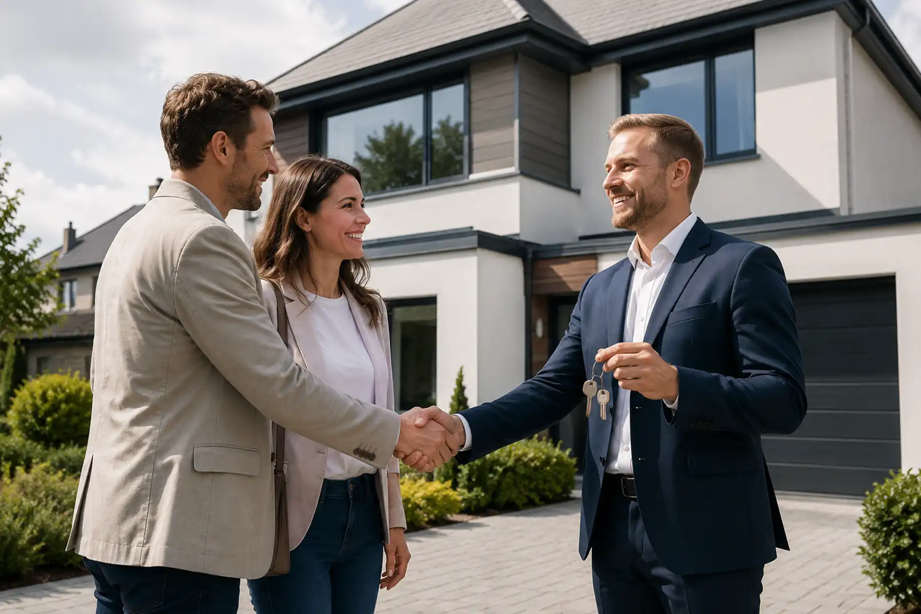 Couple receiving the keys to their new home from a UK estate agent.