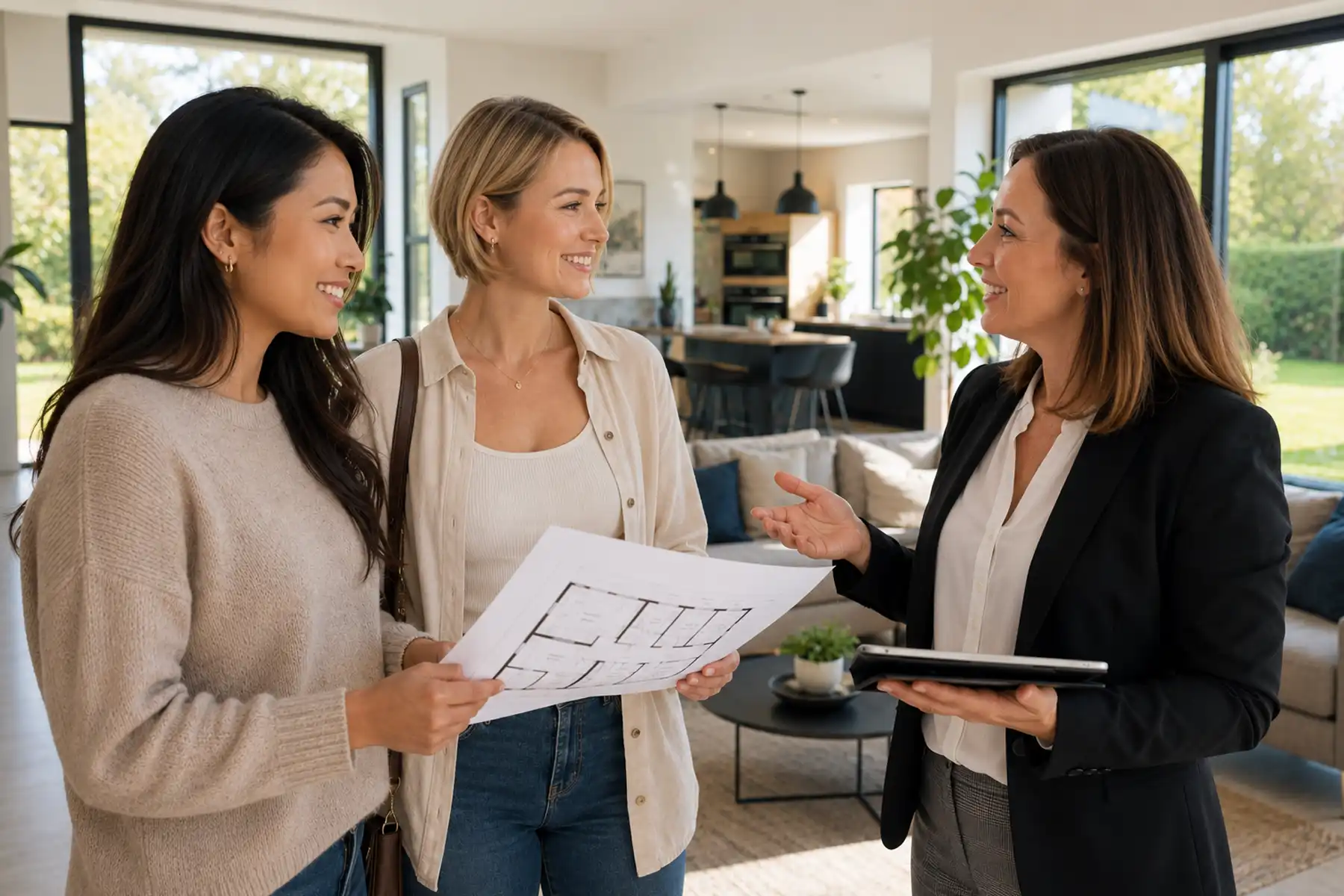 Couple viewing a bright modern family home with an estate agent while discussing their next move.