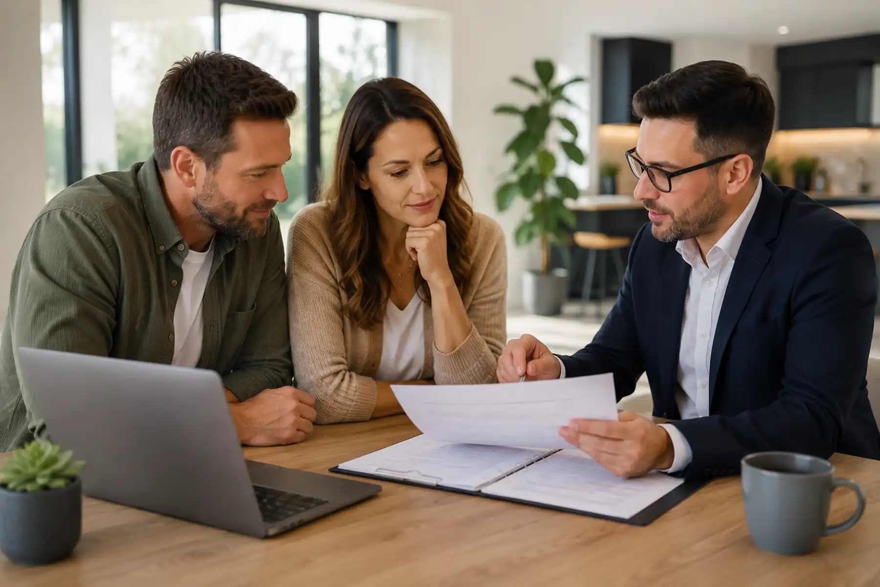 Homeowners reviewing remortgage options with a mortgage adviser.
