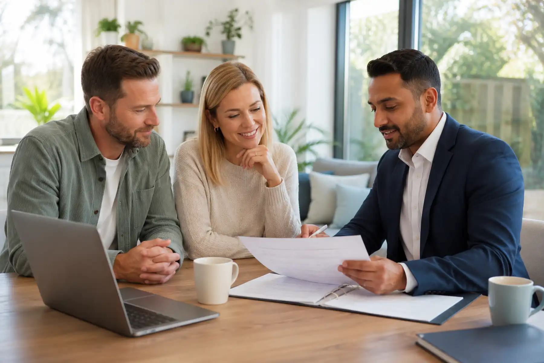 Homeowners reviewing their remortgage options with a mortgage adviser in a modern UK office.
