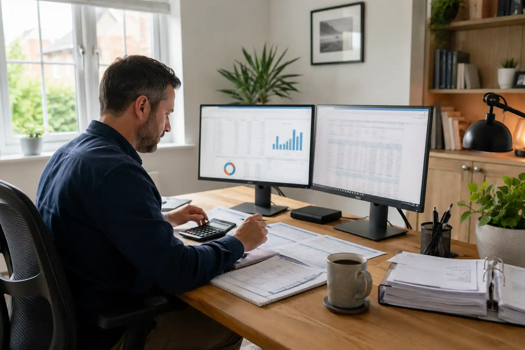 Self-employed accountant working from a bright home office with financial paperwork and dual monitors.