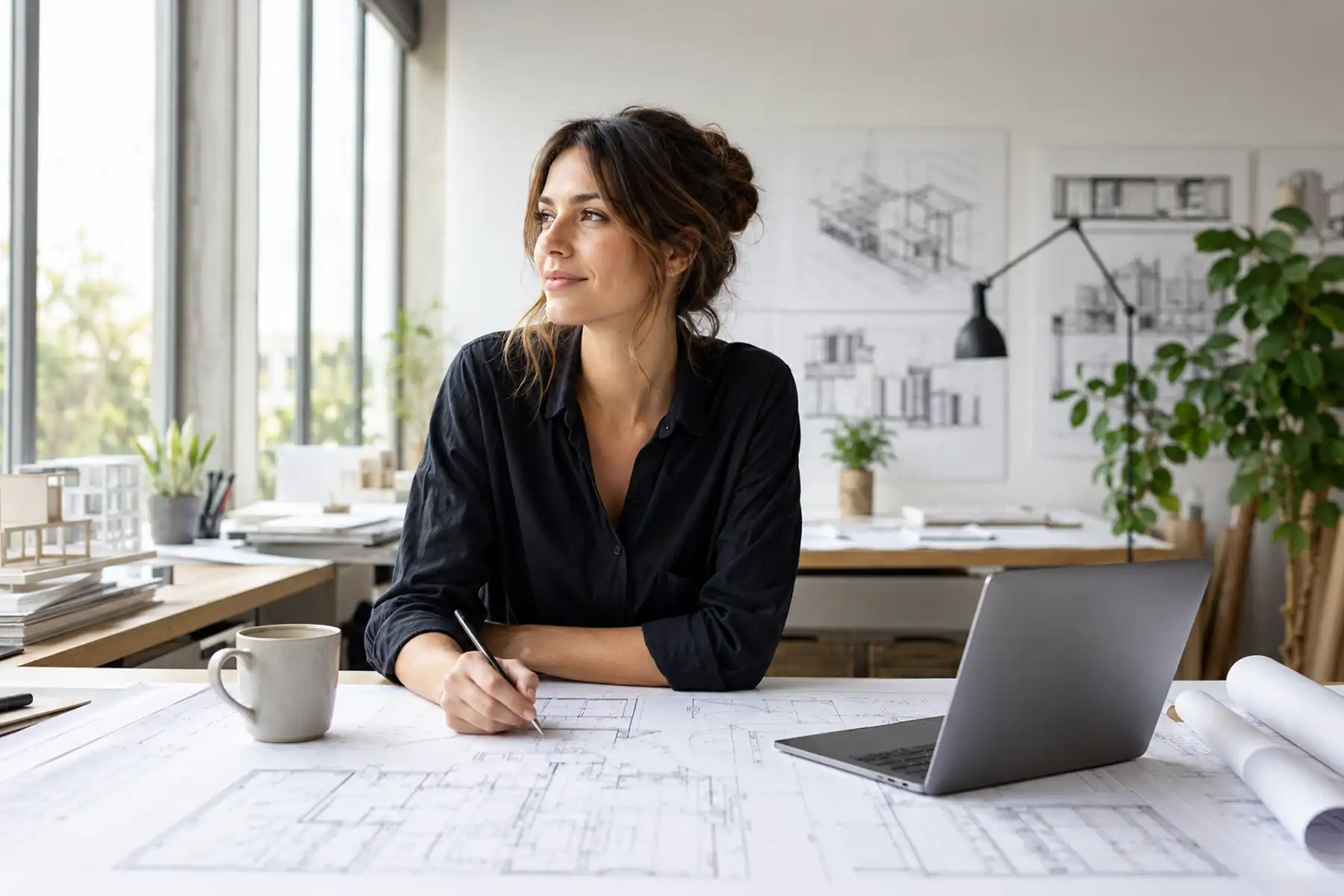 Self-employed architect reviewing plans and business documents in a bright modern studio.