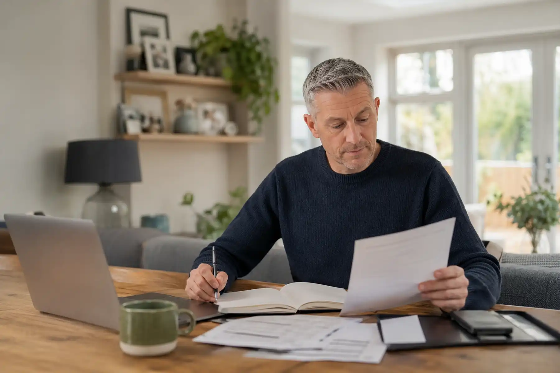 Professional reviewing household finances and important paperwork at home.