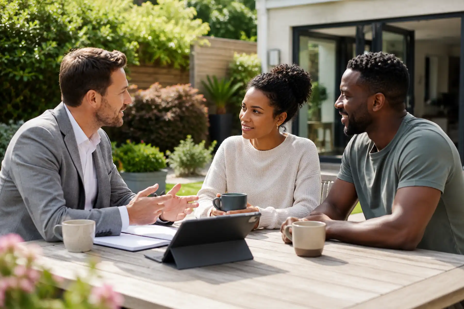 Mortgage adviser having a personalised financial planning conversation with clients in a bright contemporary UK home.