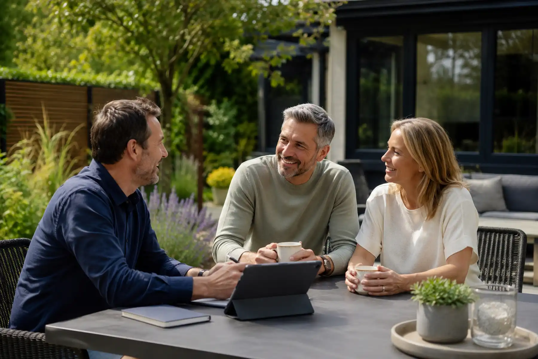 Mortgage adviser meeting returning clients in the garden of their contemporary UK home.