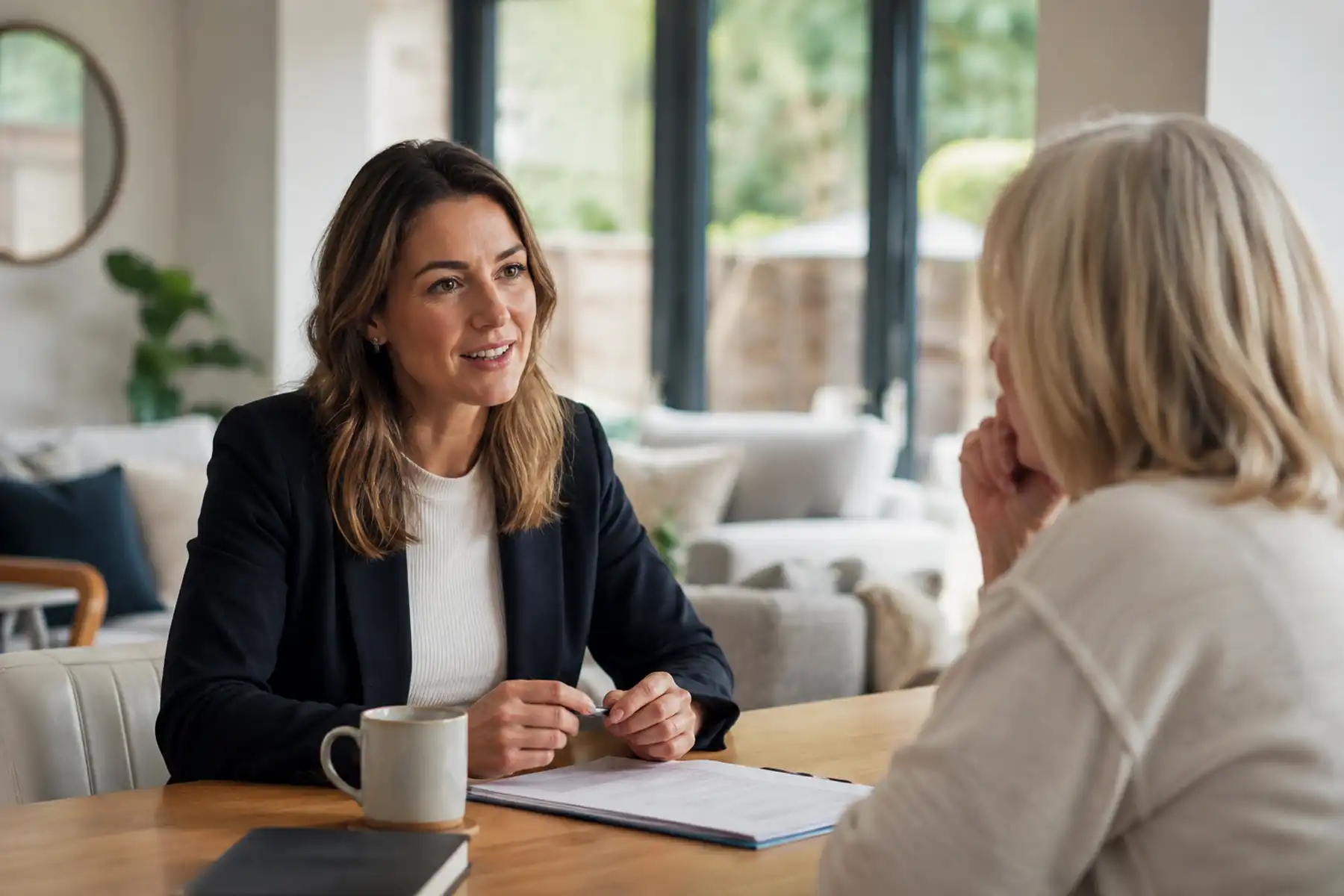 Mortgage adviser listening carefully during a relaxed client conversation.