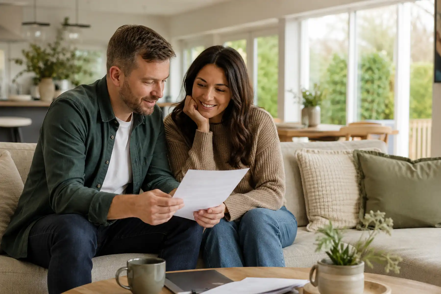 A relaxed couple discussing future plans together in a bright contemporary UK home.