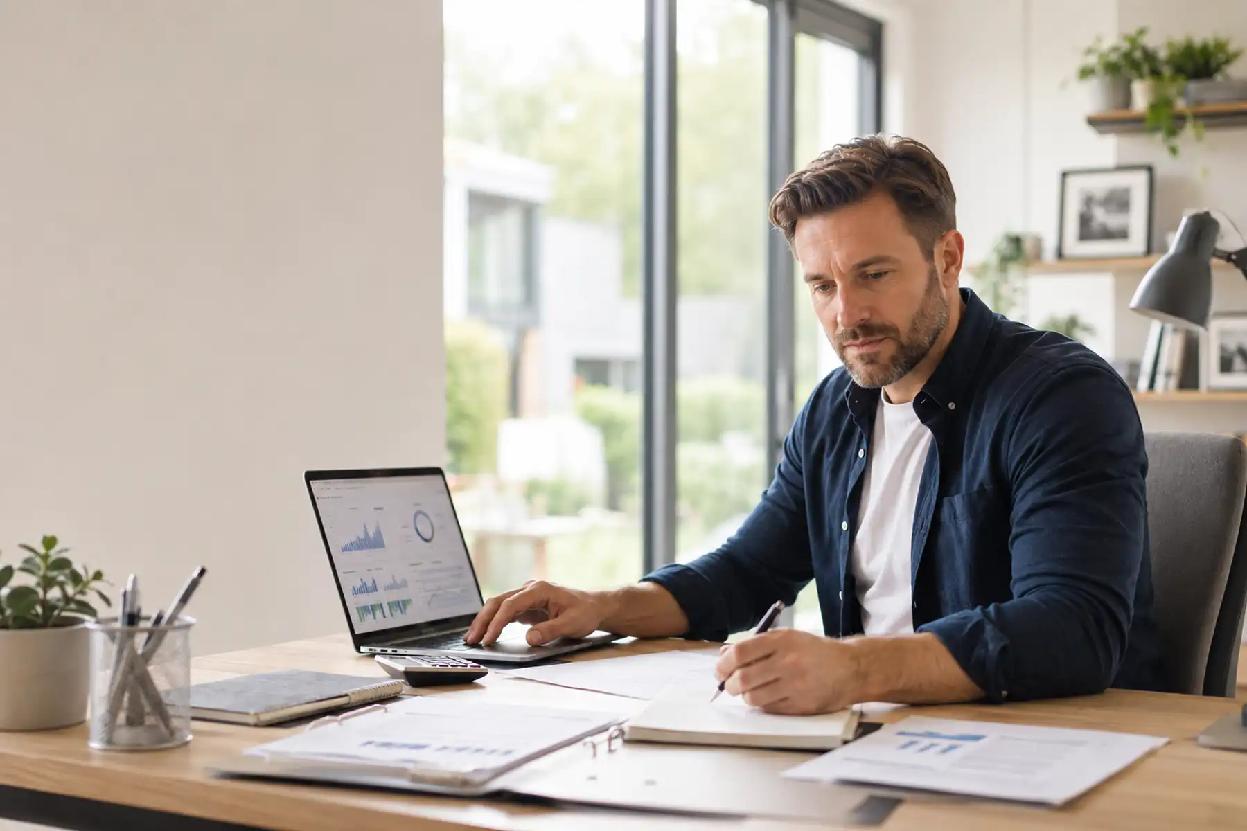 Professional contractor working from a modern UK home office, representing specialist mortgage advice for contractors and freelance professionals.