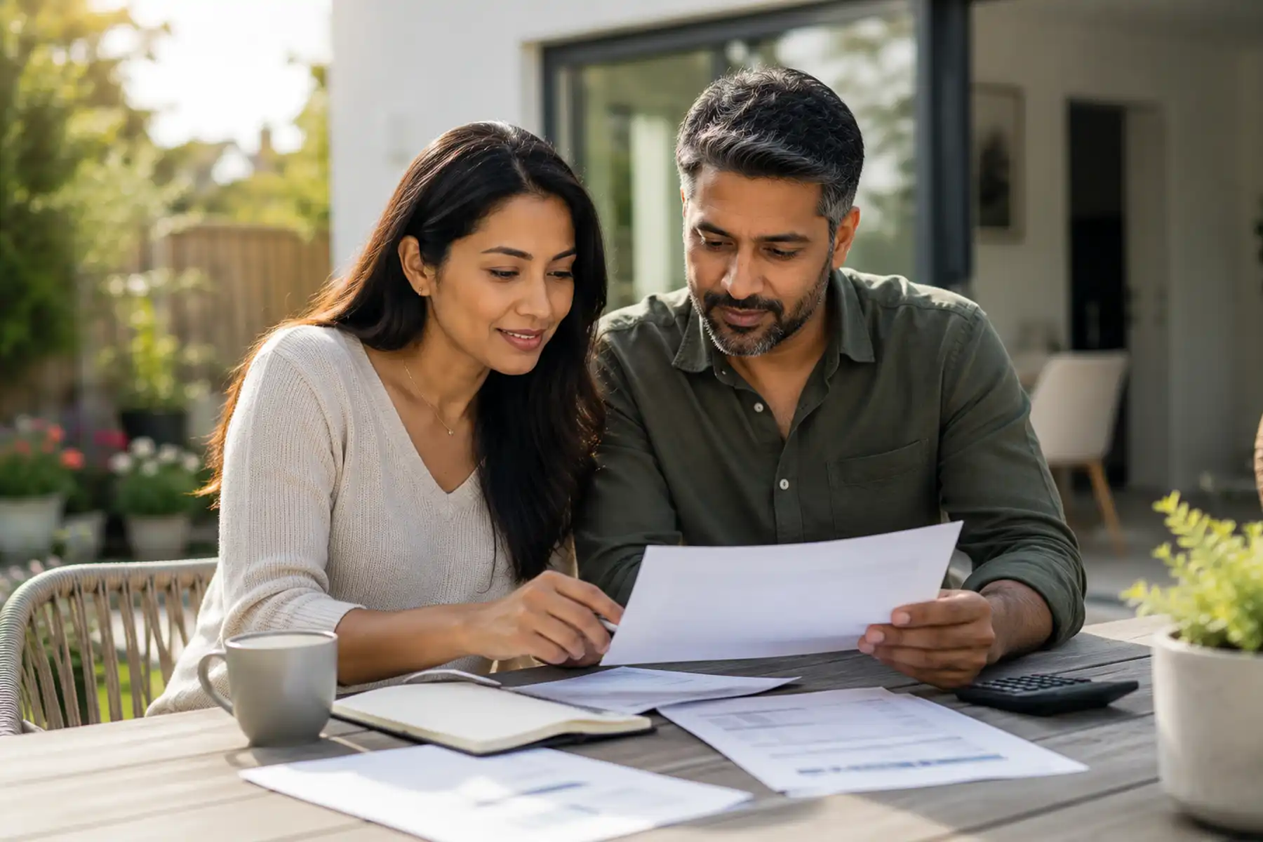 Couple discussing financial plans together in a bright contemporary UK home.