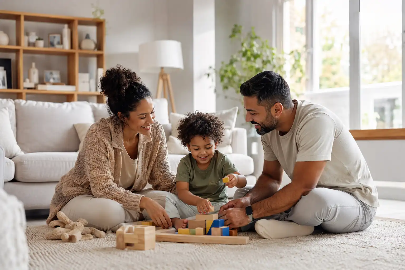 Young family spending time together in a bright contemporary UK home.