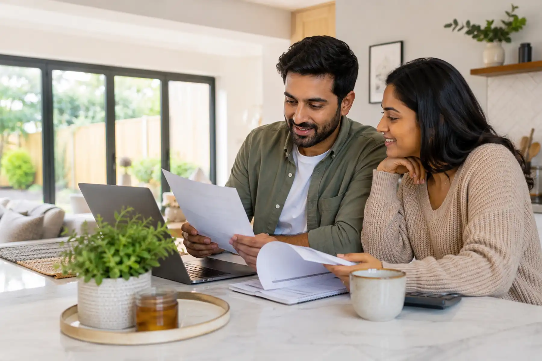 South Asian couple reviewing mortgage paperwork together in a bright contemporary UK kitchen.