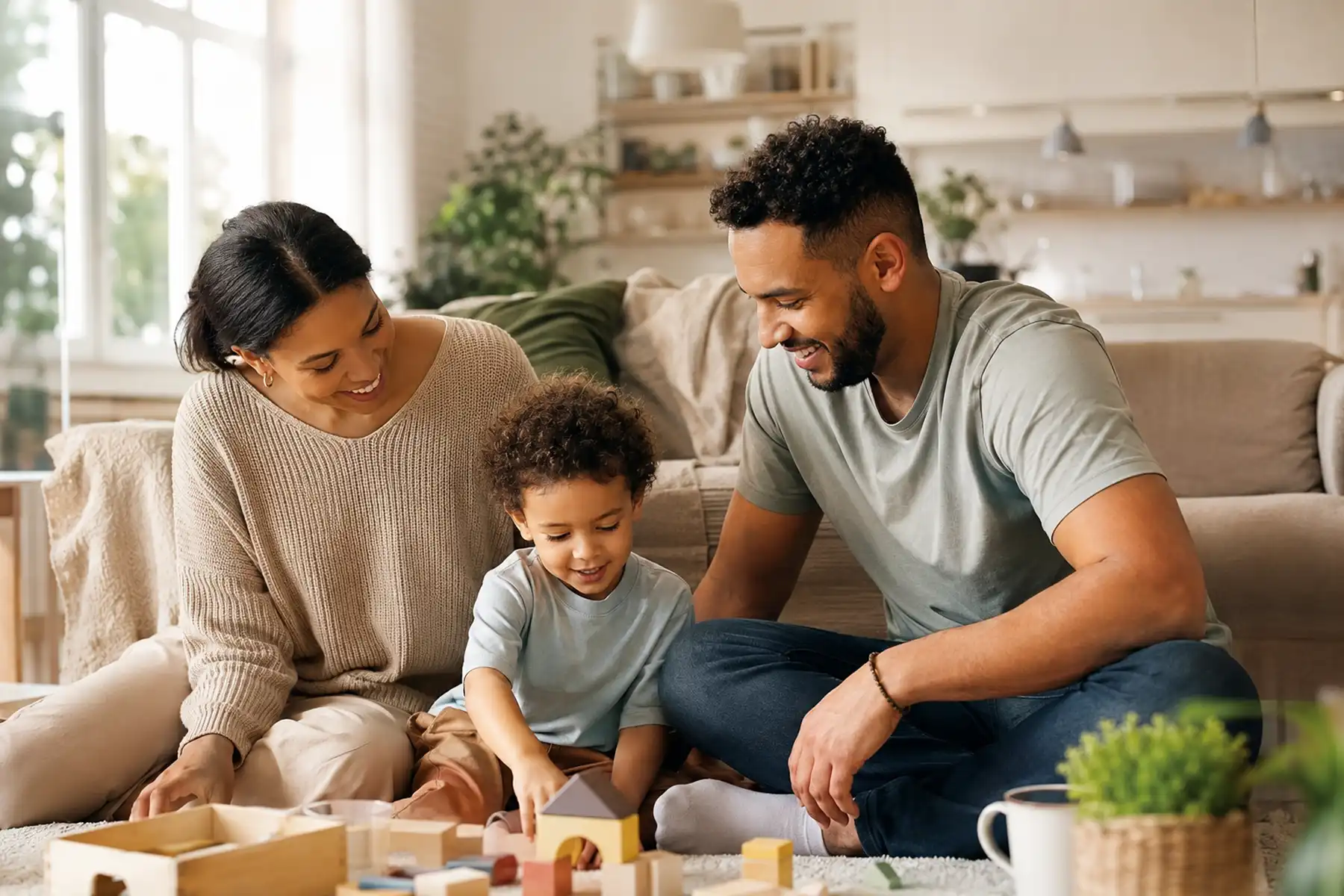 Parents spending time with their young child in a contemporary UK family home.