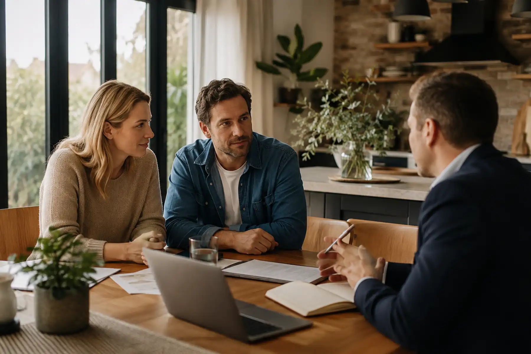 Couple discussing Family Income Benefit and future household finances with an adviser.