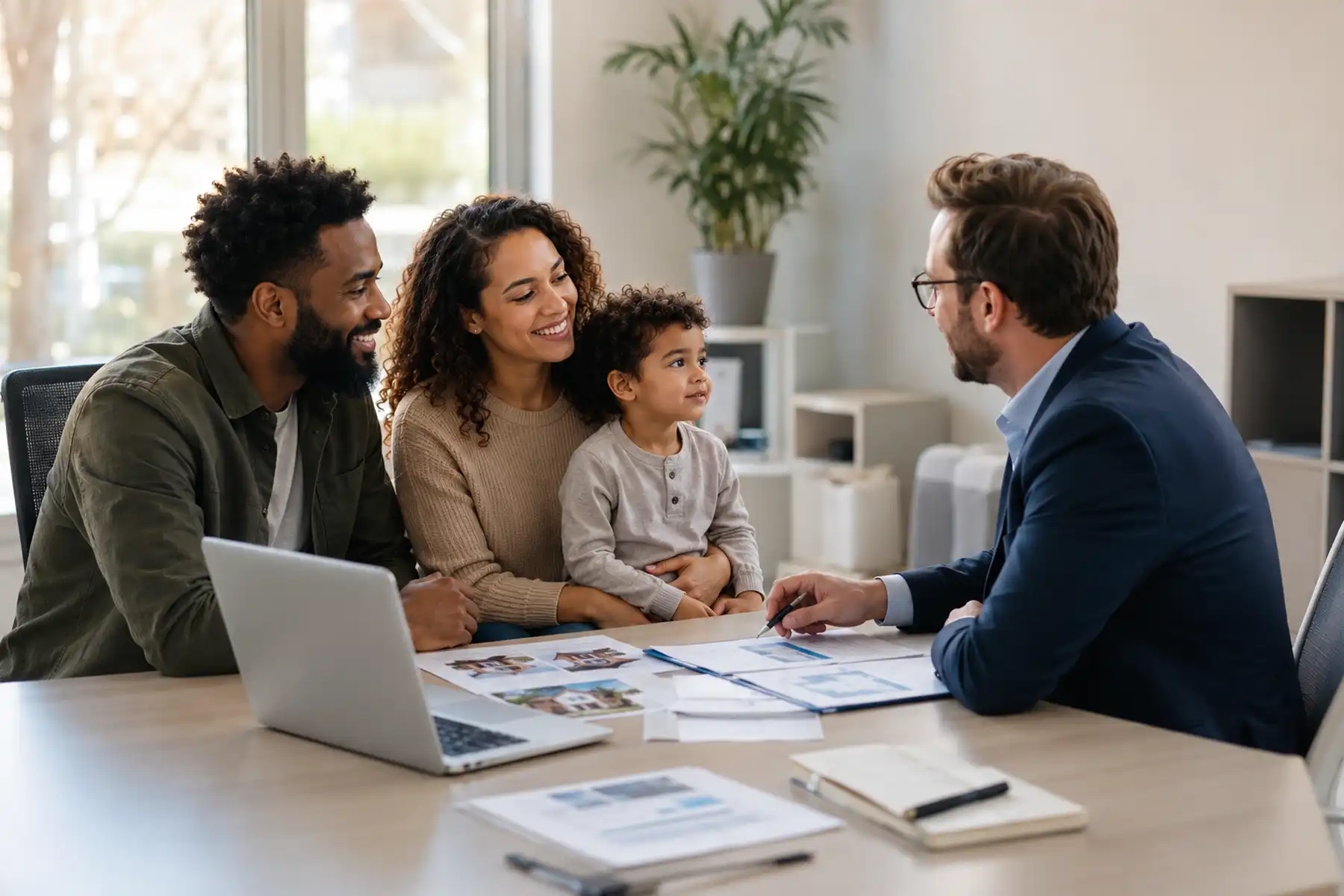 Mortgage and protection adviser meeting with a family in a modern UK office.