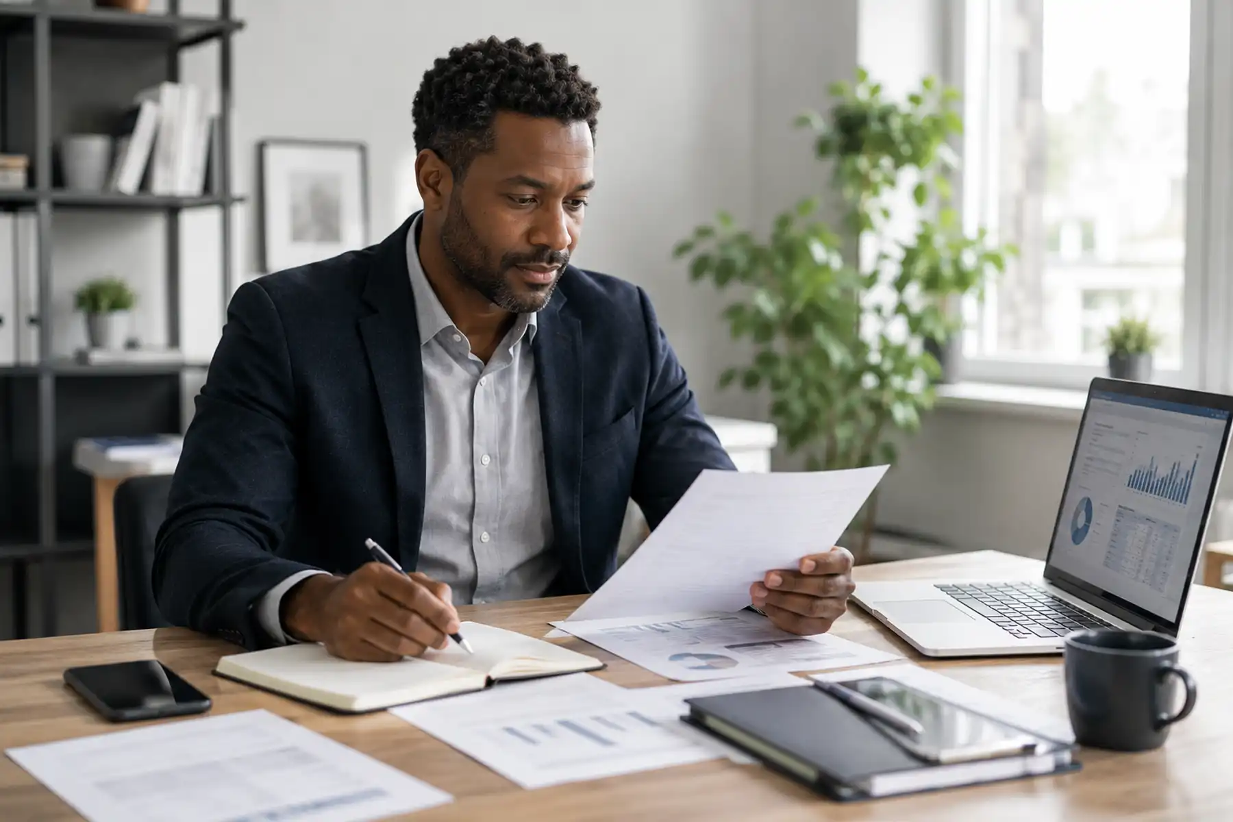 Company director reviewing business finances and income documents in a modern UK office.