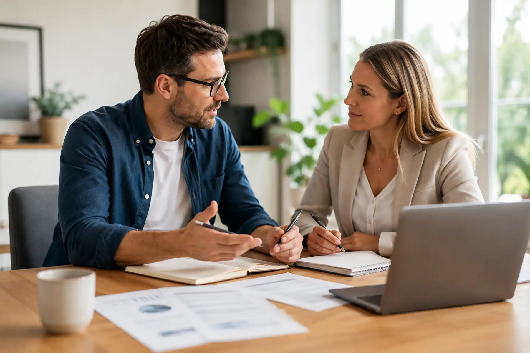Professional discussing Income Protection options with an adviser in a bright contemporary UK home.