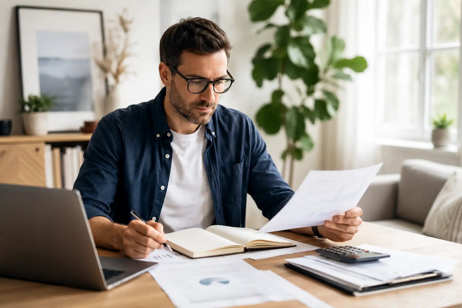 Professional reviewing household finances and work documents in a contemporary UK home office.