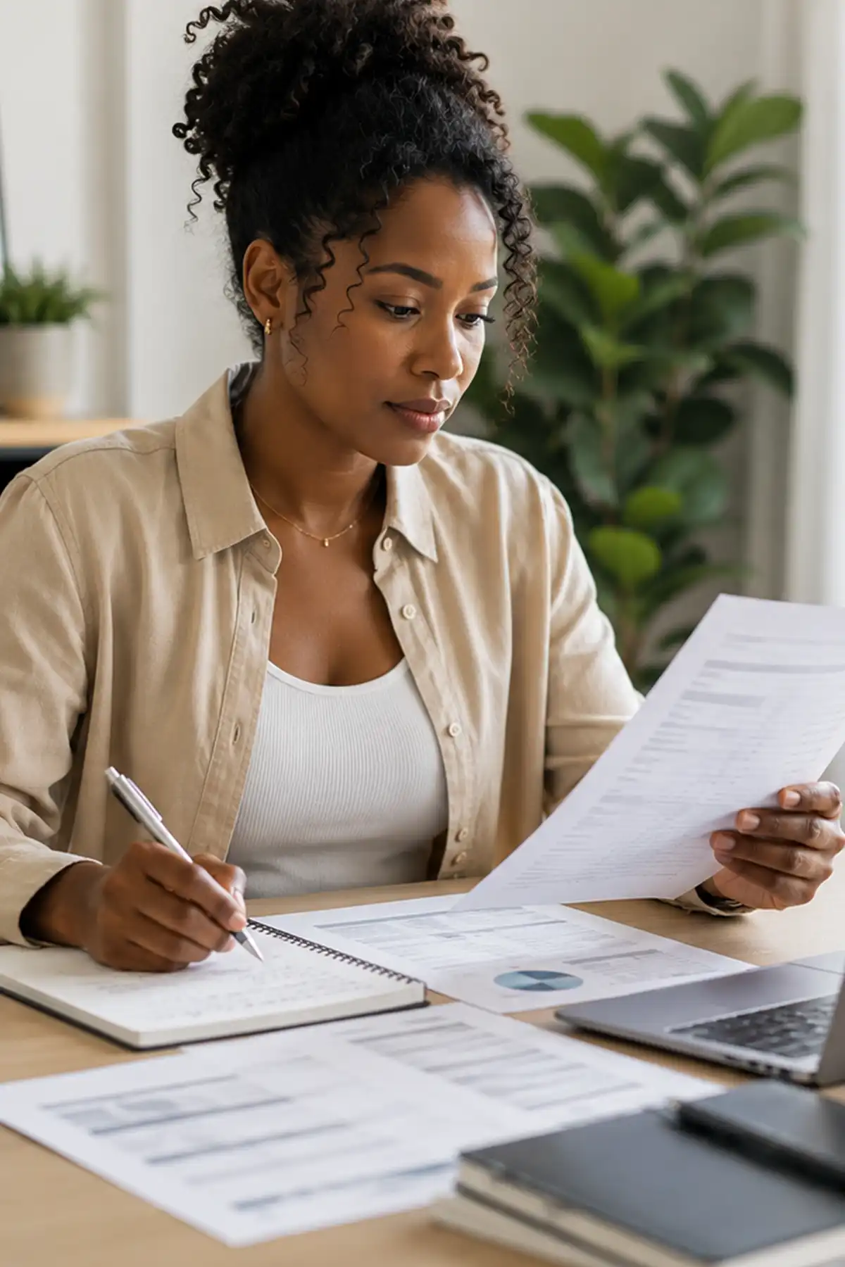Professional reviewing work, income and household finances in a contemporary UK home office.