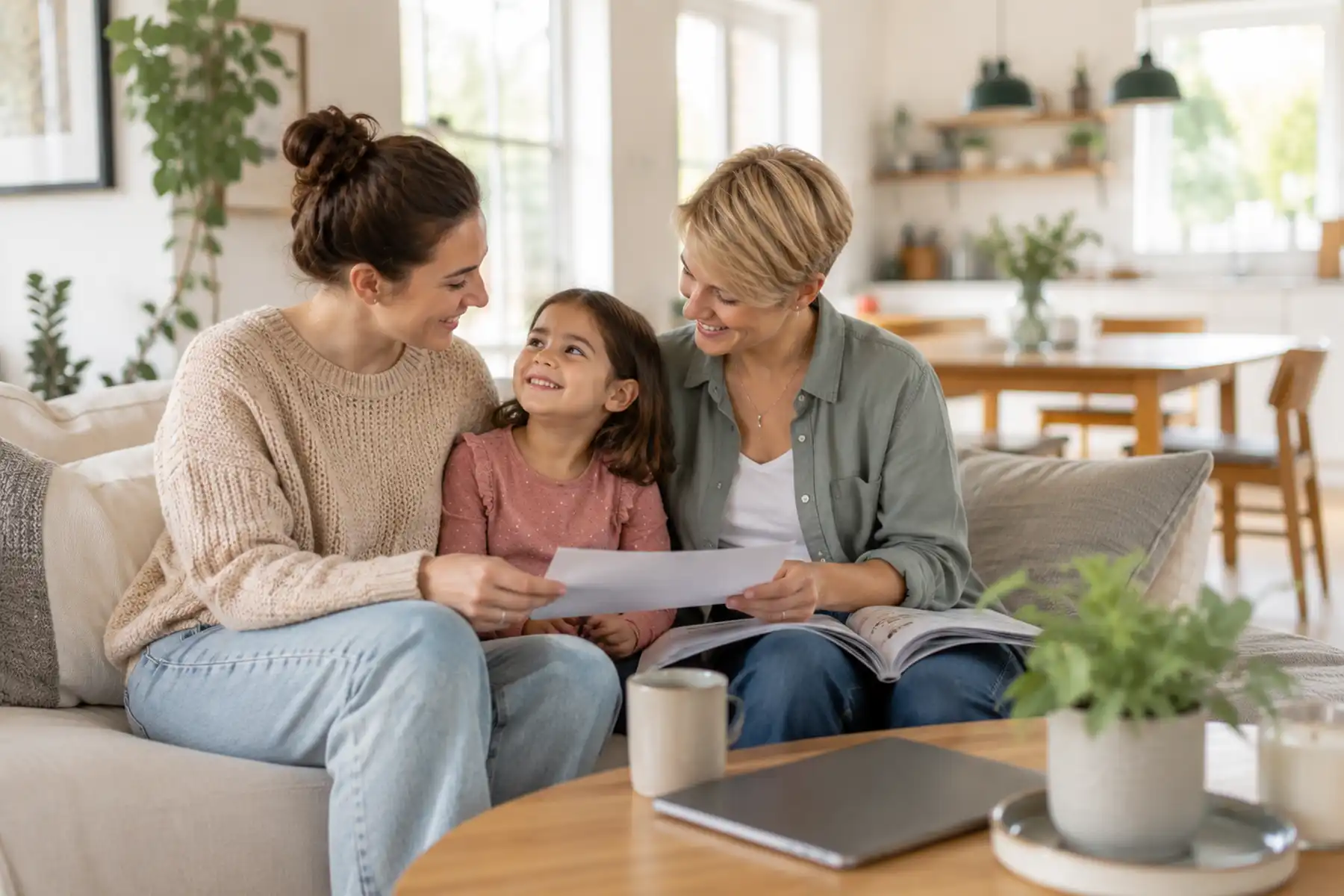 Lesbian couple planning for the future with their young daughter in a contemporary UK home.