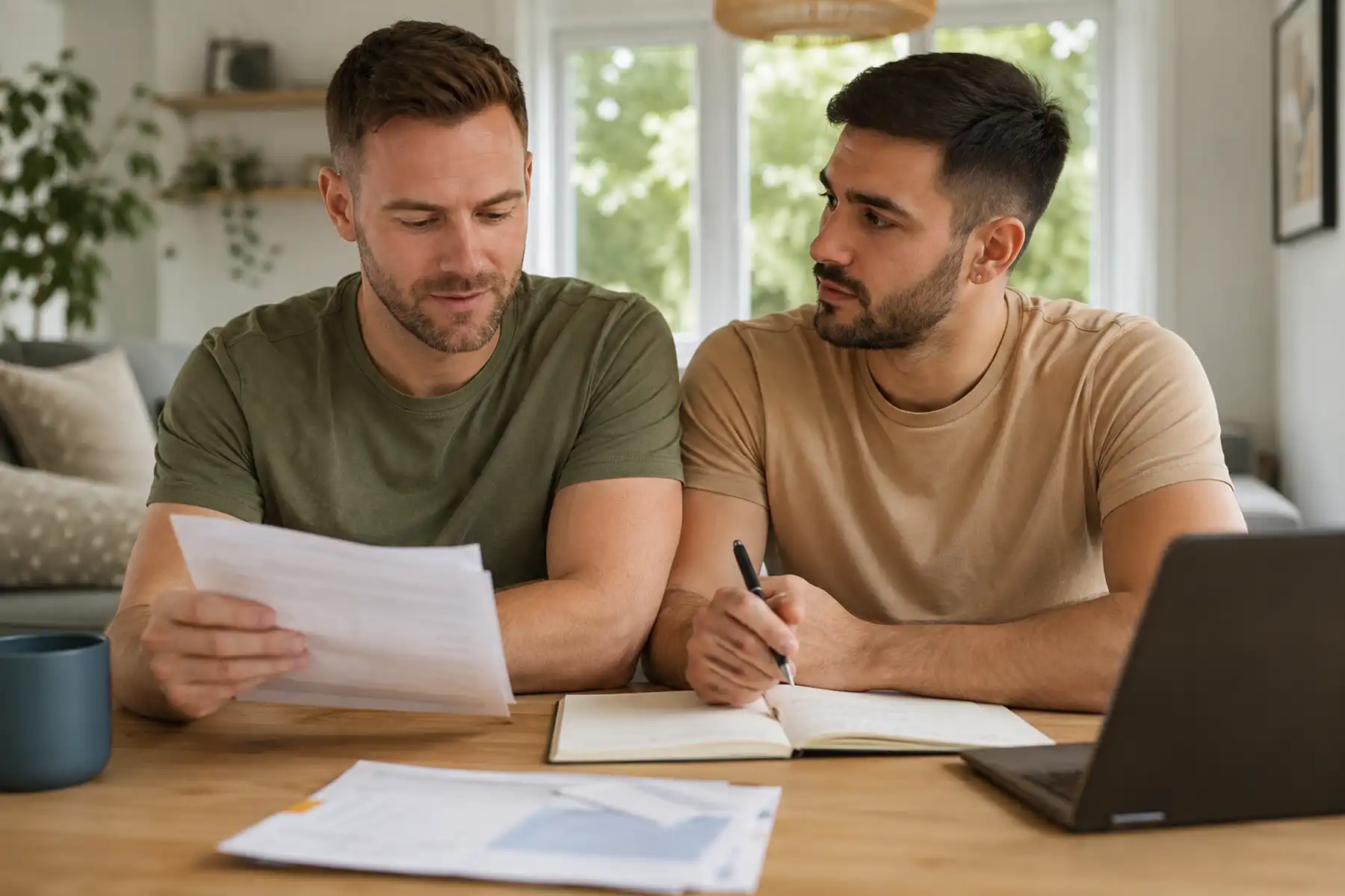 Gay couple discussing their shared financial responsibilities in a bright contemporary UK home.