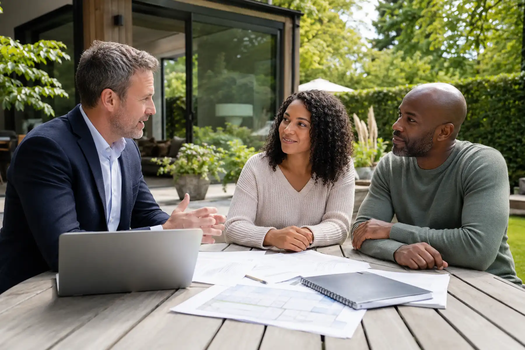 Homeowners reviewing Let to Buy mortgage advice with a mortgage adviser