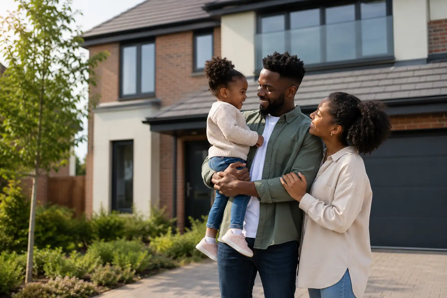 Black family spending relaxed time together outside their contemporary UK home.