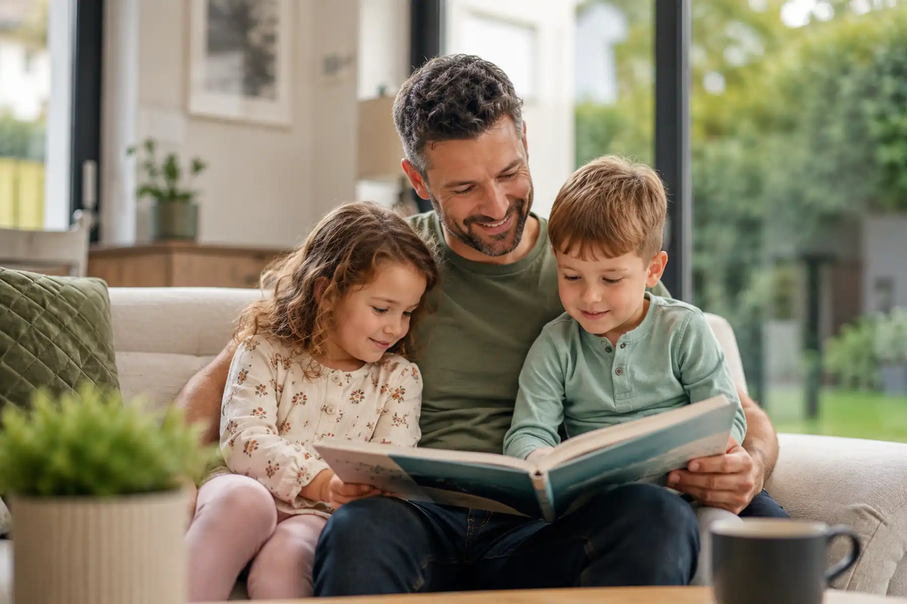Parent reading with children in a bright contemporary UK living room.
