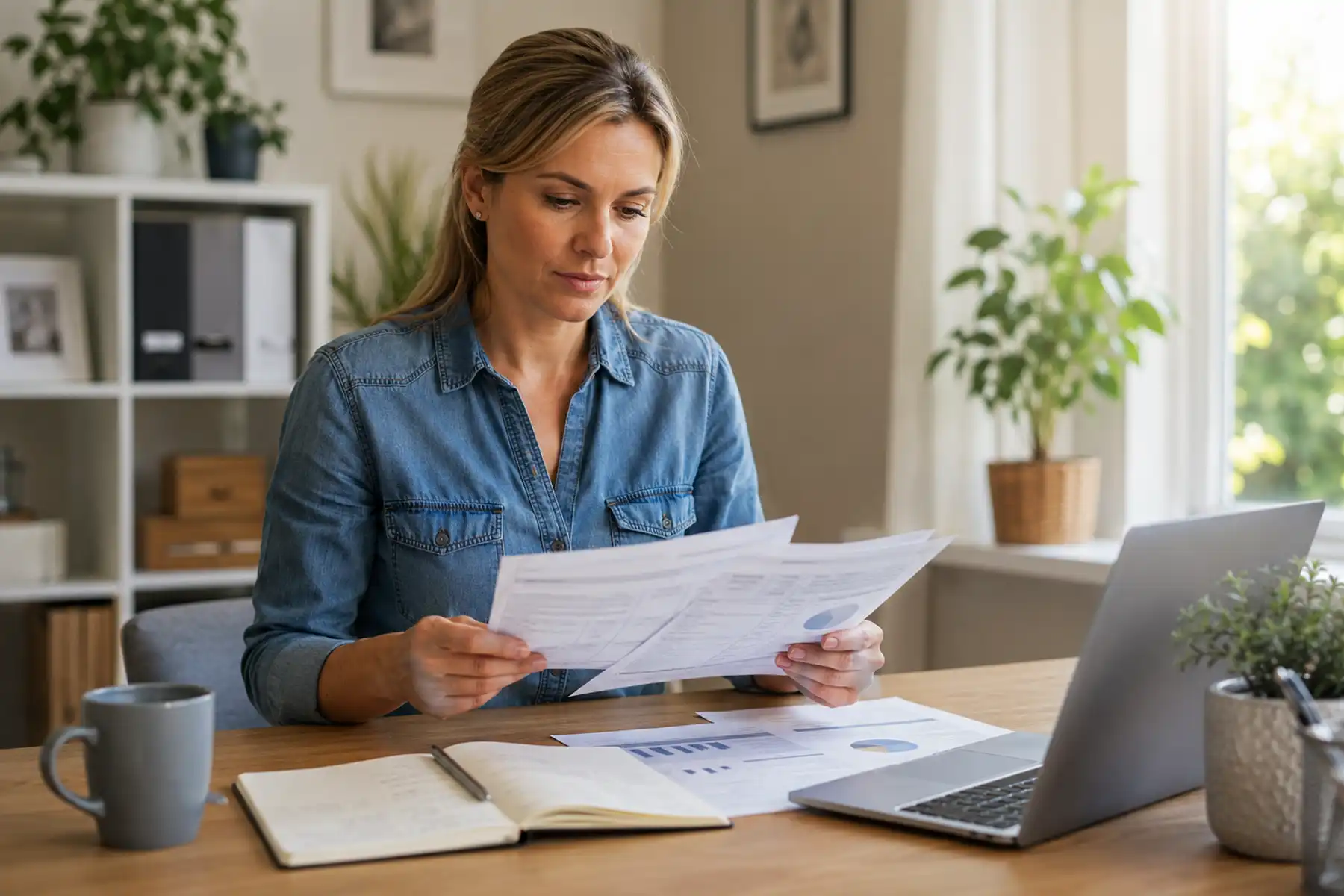 Professional reviewing savings, workplace benefits and existing financial documents at home.