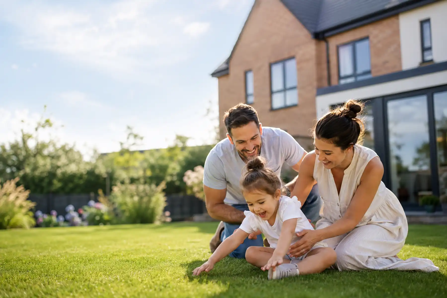 Young family spending time together outside a contemporary UK home.