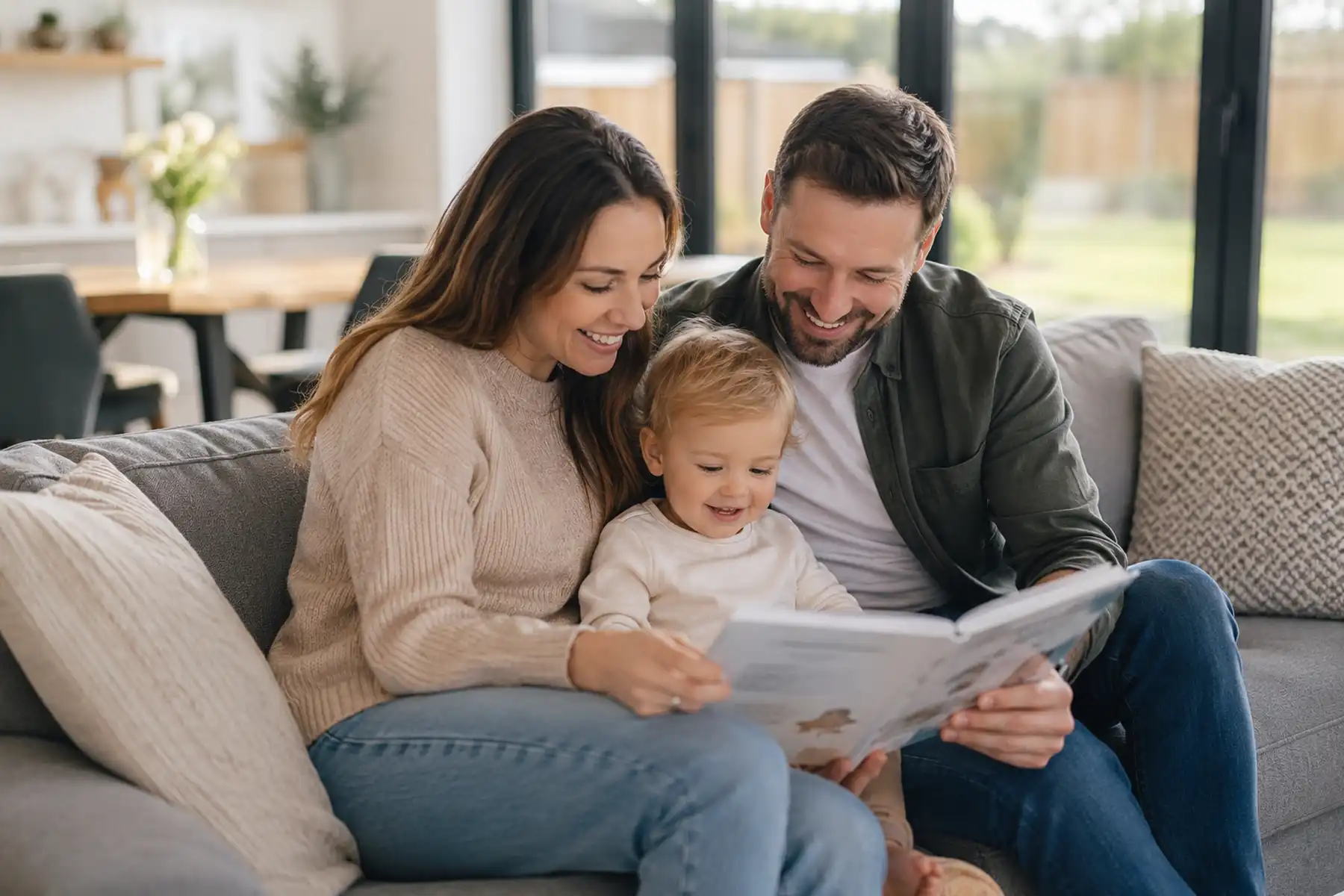 Young family spending time together in a contemporary UK home, representing the importance of life insurance protection.