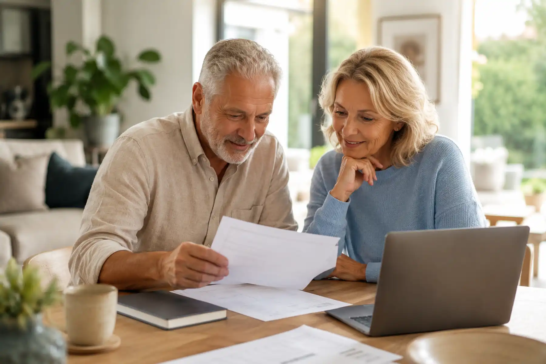 Older couple discussing their future financial plans together in a contemporary UK home.