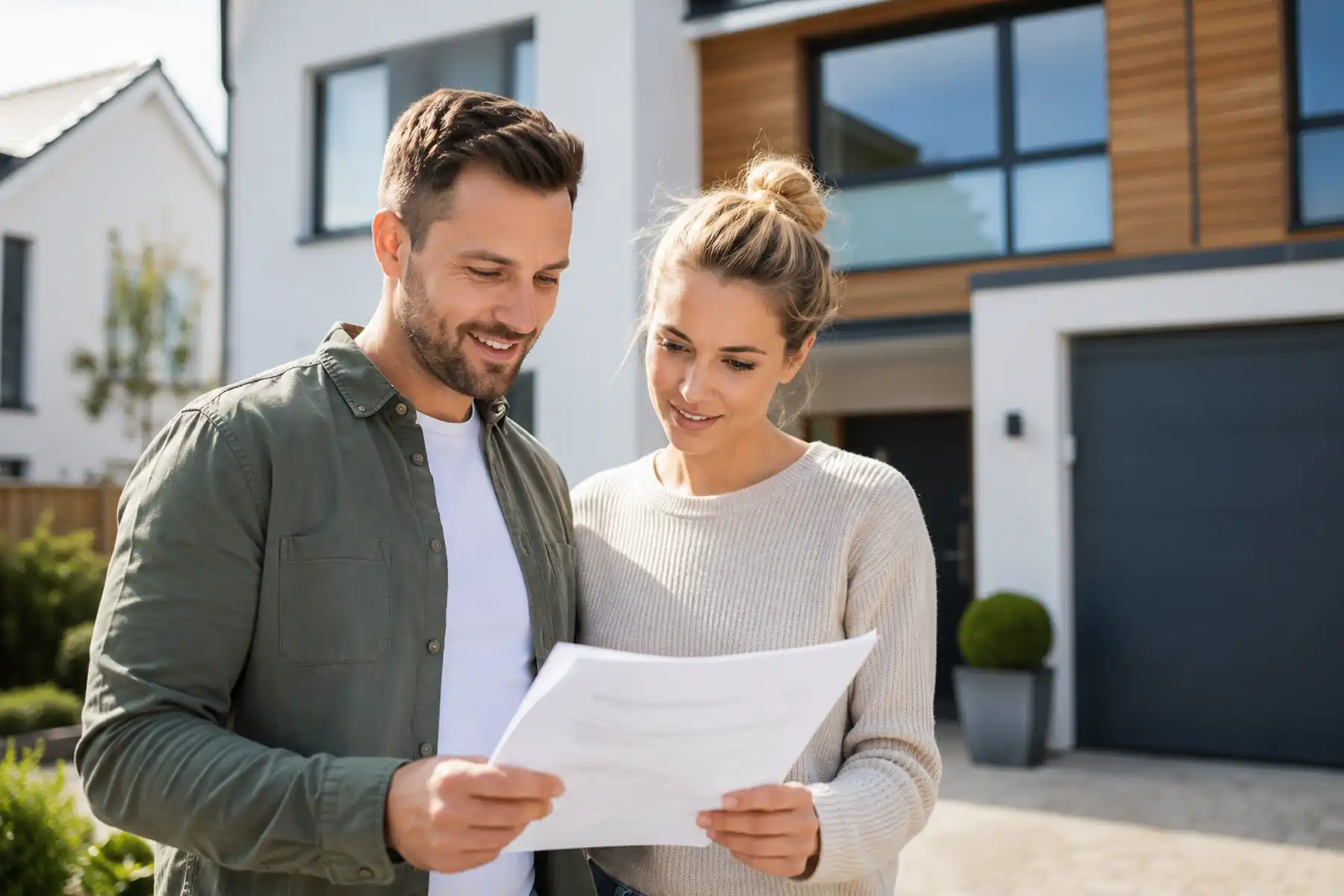 Couple outside their UK home reviewing mortgage paperwork, representing life insurance designed to help protect mortgage repayments.
