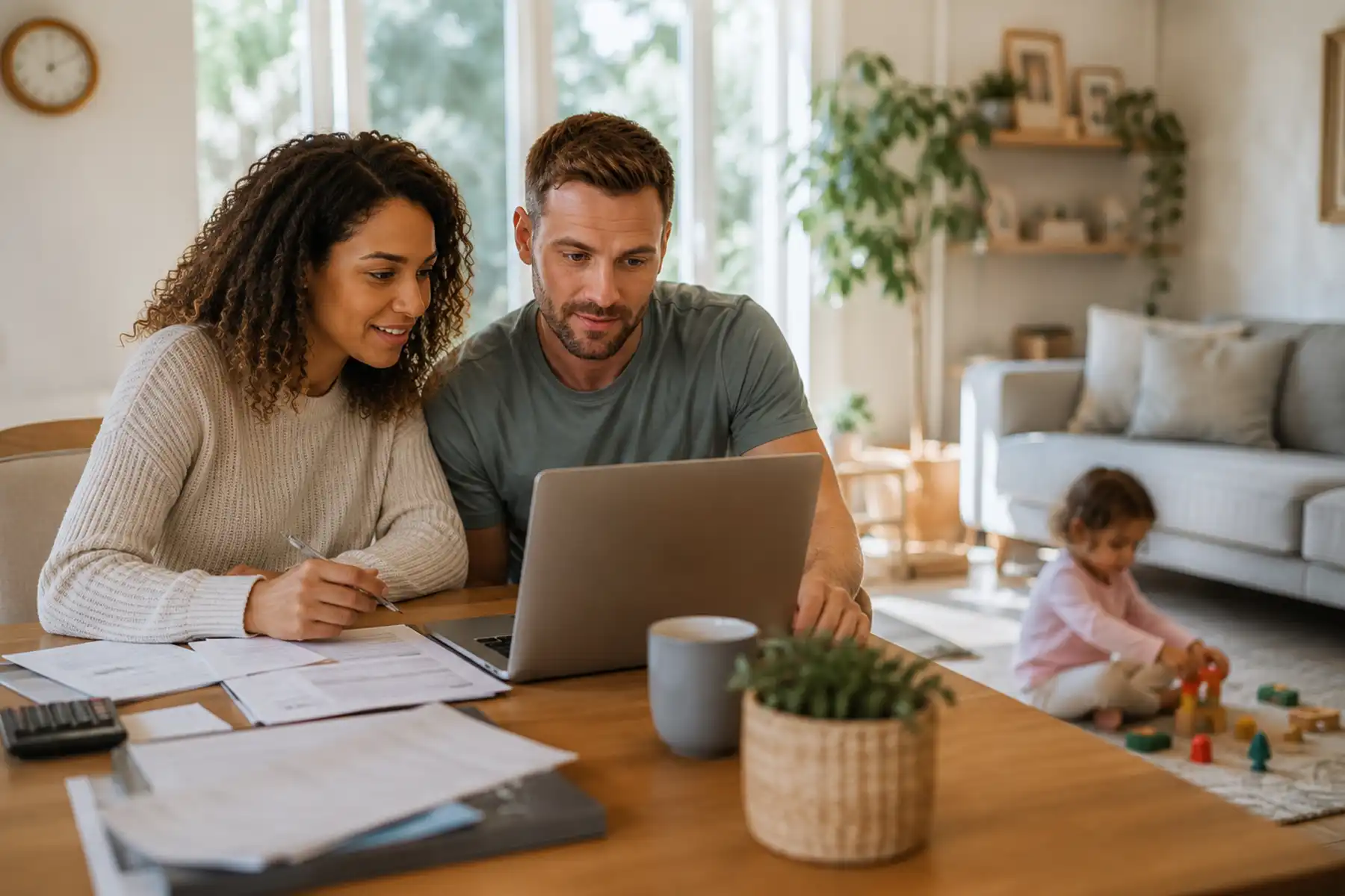 Parents reviewing household finances while their child plays nearby in a modern UK home.