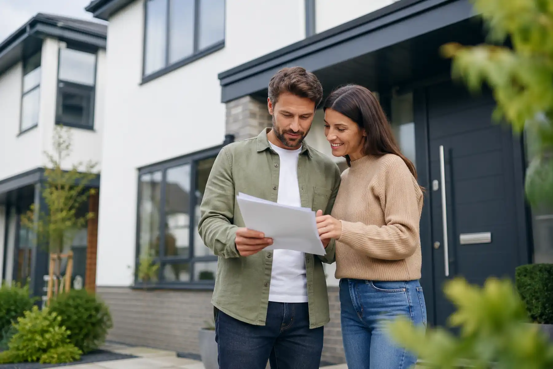 Couple outside their contemporary UK home considering their mortgage commitments.