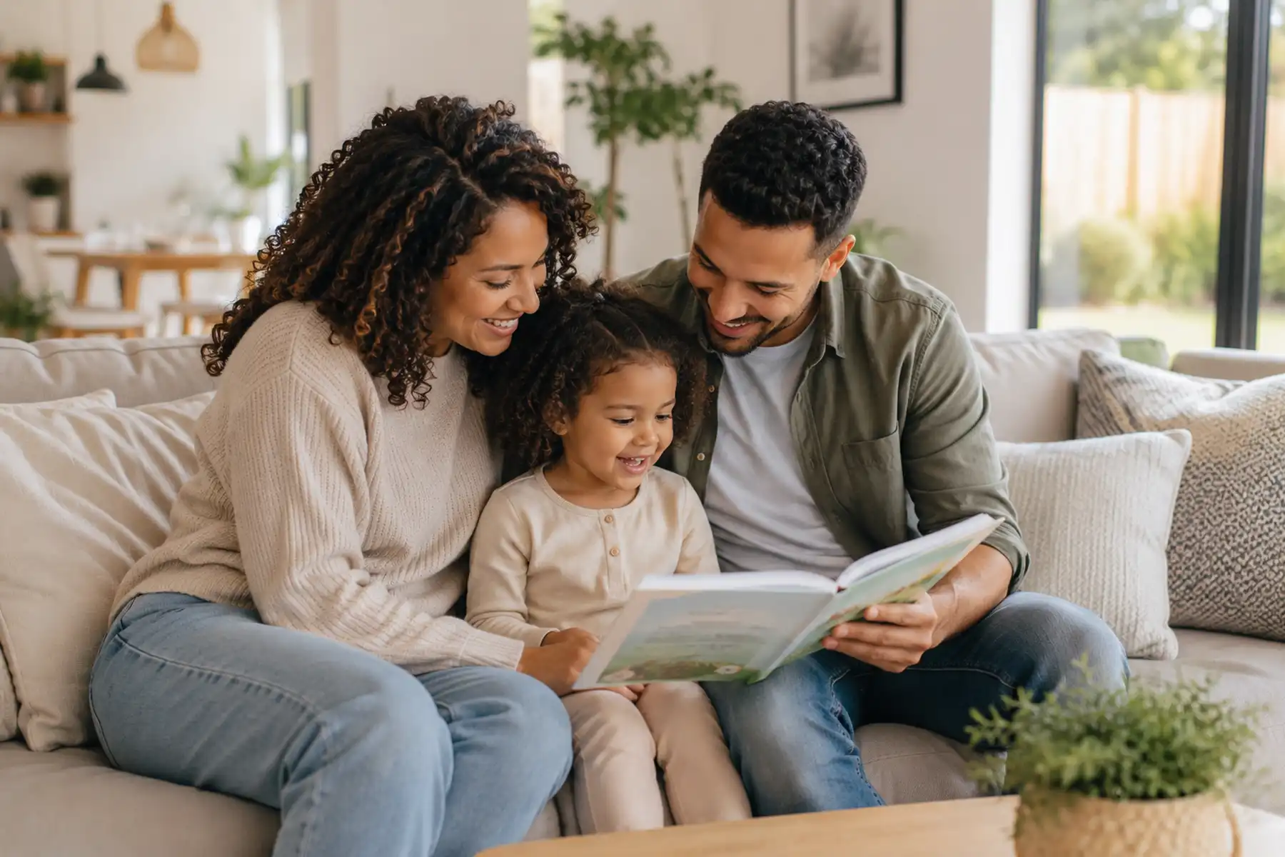 Parents spending time with their child at home, representing life insurance protection for families.