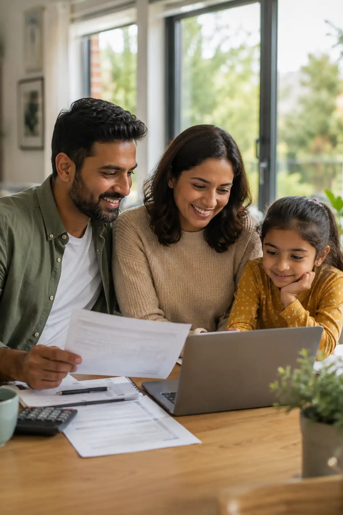 Family reviewing their financial plans together in a bright contemporary UK home.