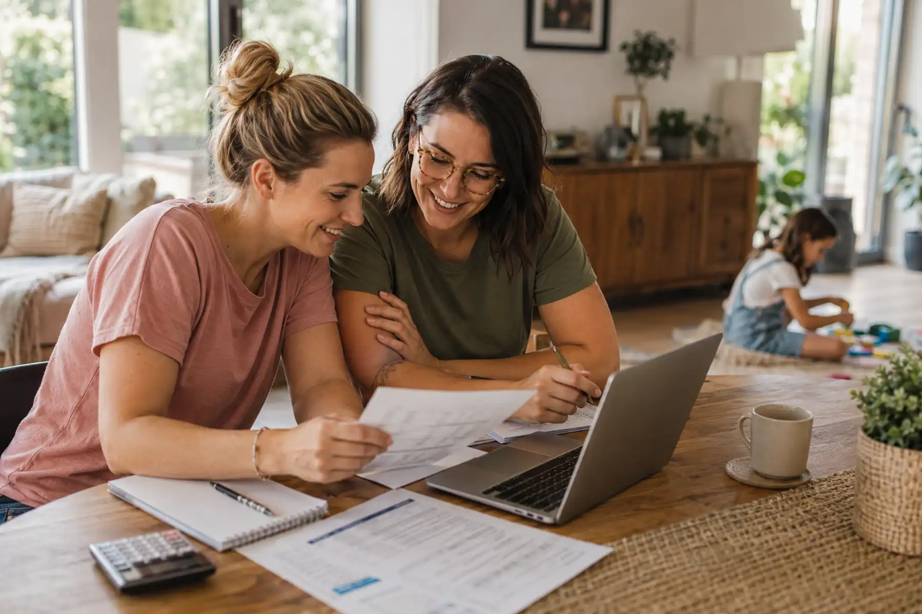 Parents reviewing household finances at home, representing life insurance support for everyday living costs.