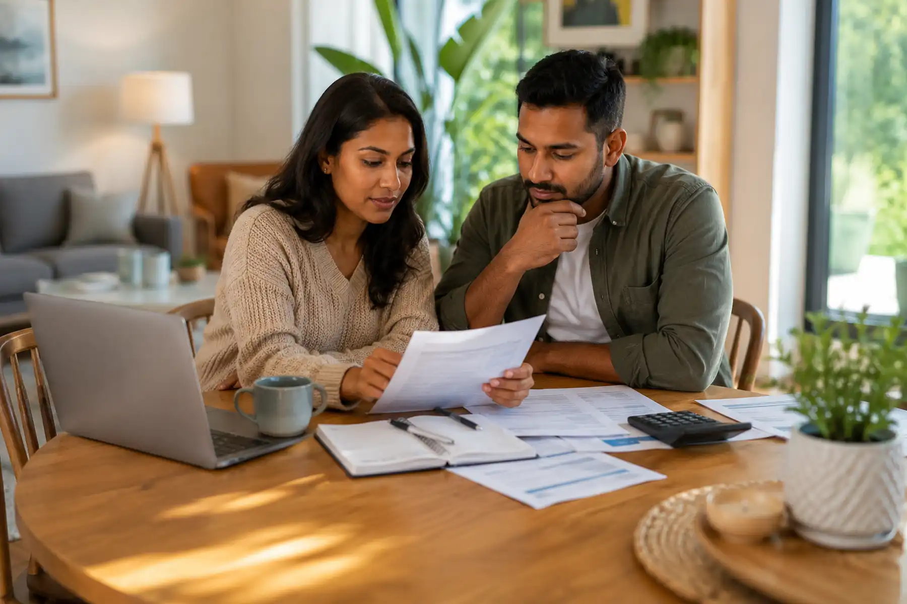 Couple reviewing mortgage paperwork and Mortgage Payment Protection Insurance documents together at home.