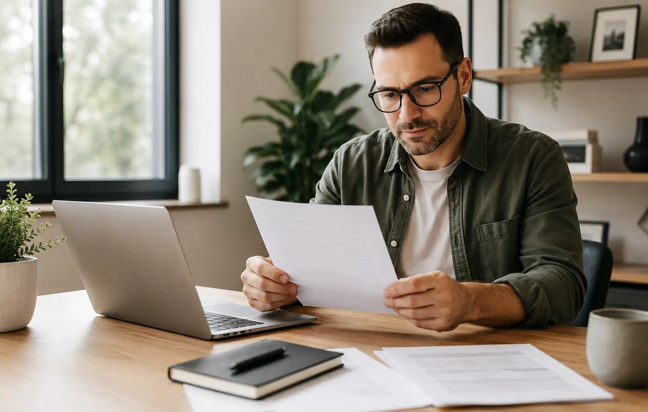 Professional reviewing privacy information and paperwork at a desk.