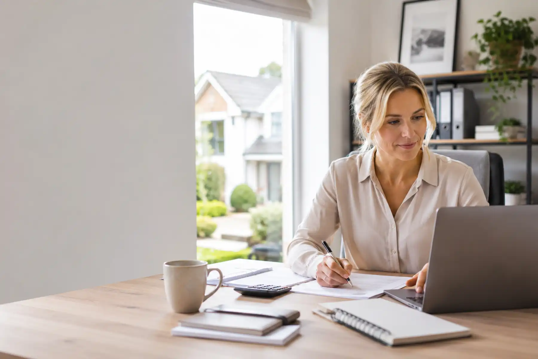 Self-employed professional working from a modern UK home office.