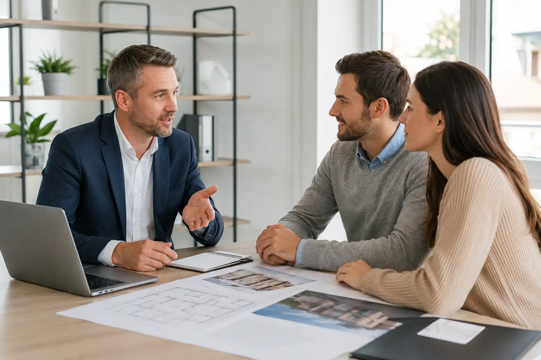 Mortgage adviser explaining Shared Ownership mortgage options to first time buyers.