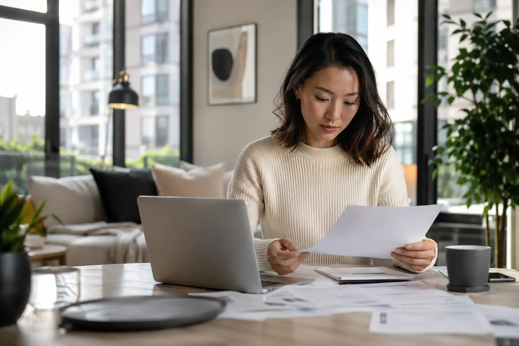 Asian professional woman considering her financial plans in a modern UK apartment.