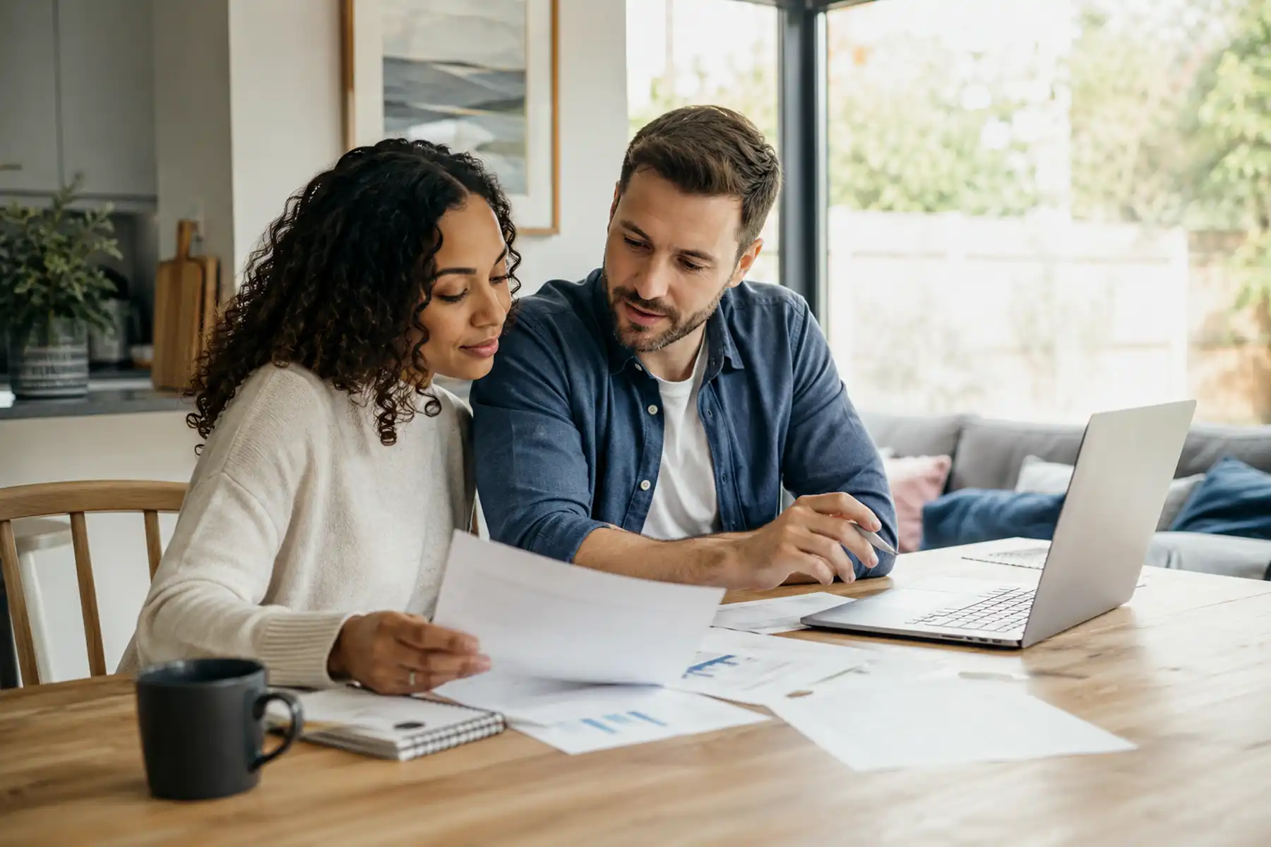 Couple reviewing protection planning documents at home.