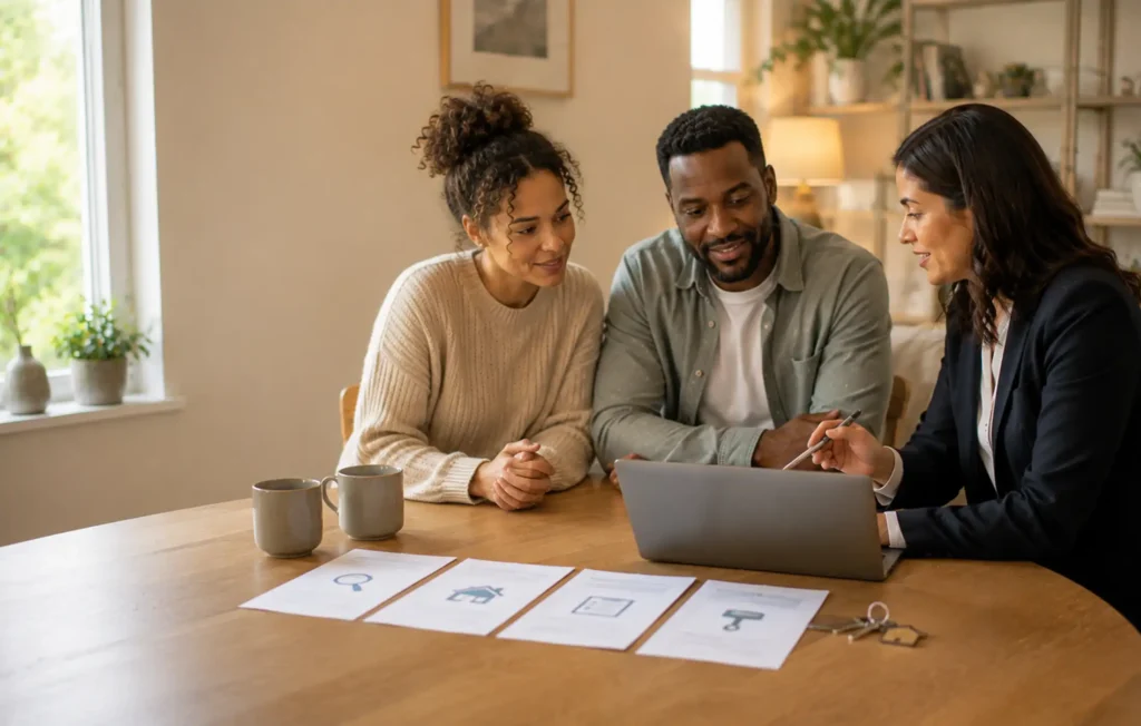 Mortgage adviser guiding a couple through the UK mortgage journey, with a laptop, house keys and a small sequence of generic application documents.