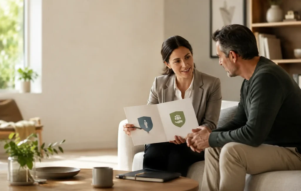 An adviser comparing two clearly separated but text-free protection options with client, representing short-term accident and sickness cover versus longer-term income protection.