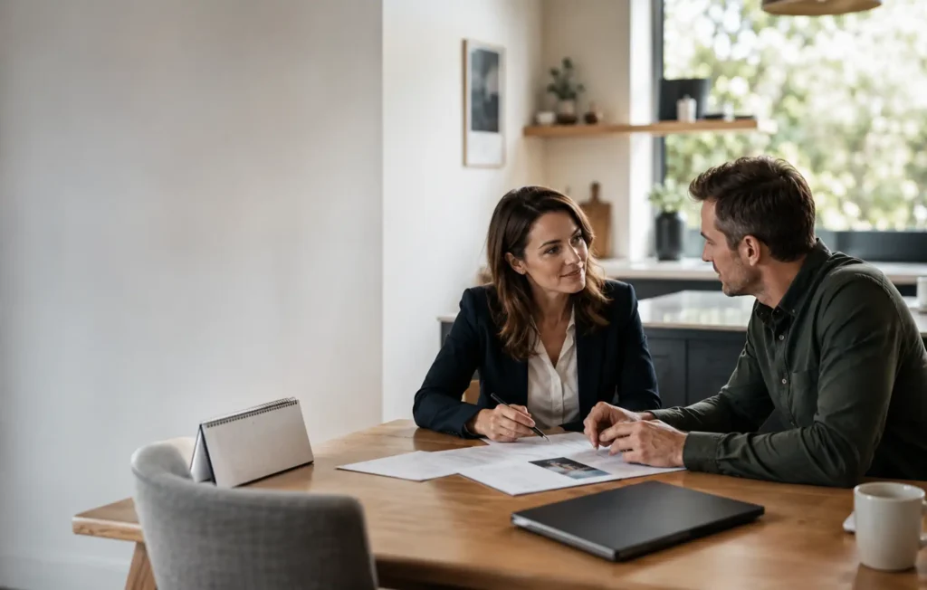 Protection adviser and a working client reviewing accident, sickness and unemployment cover at a contemporary kitchen table, with a closed laptop, calendar and generic policy papers.