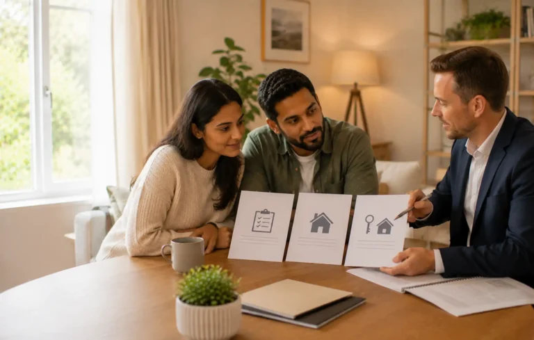 An adviser explaining three stages of mortgage using separate text-free documents representing an Agreement in Principle, mortgage offer and completion.