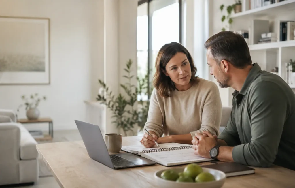 Recovering professional planning a phased return to work at home with a calendar and laptop while discussing policy waiting periods and claim limits with an adviser.
