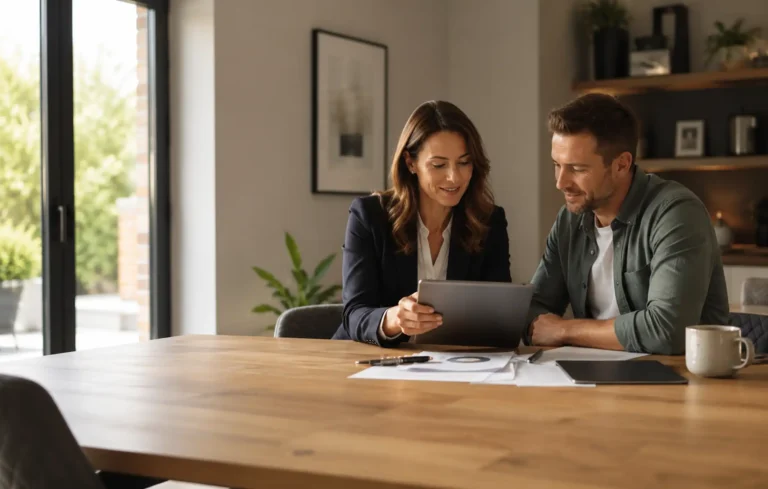 Landlord and mortgage adviser reviewing plans for a modern UK rental property, with a tablet, keys and generic financial papers on the table.